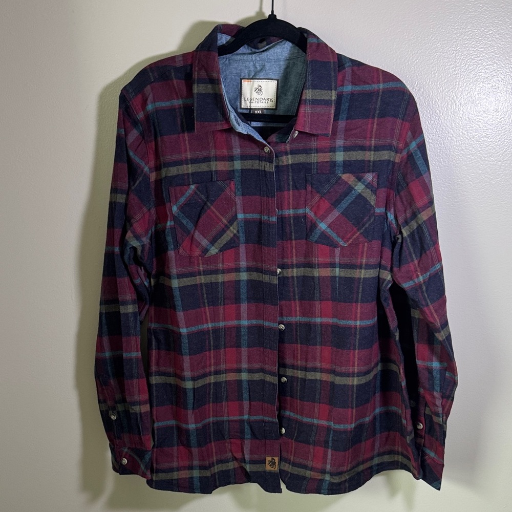 Legendary Whitetails Men's Cotton Casual Plaid Shirt-Burgundy and Navy Size XXL